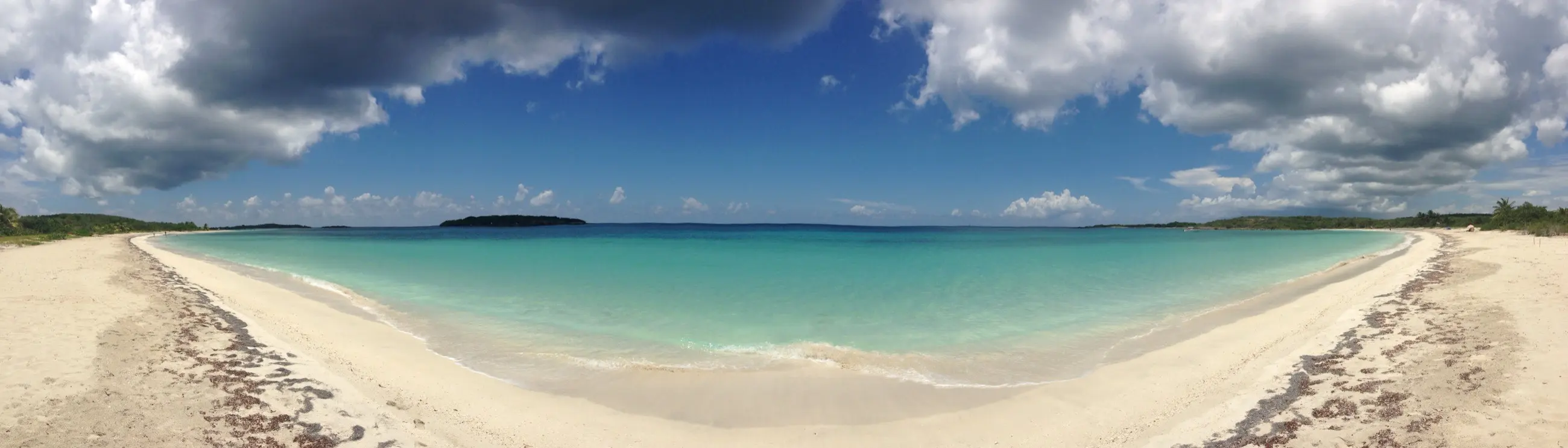 The wide curve of Blue Beach on Vieques, empty white sand meeting turquoise shallows