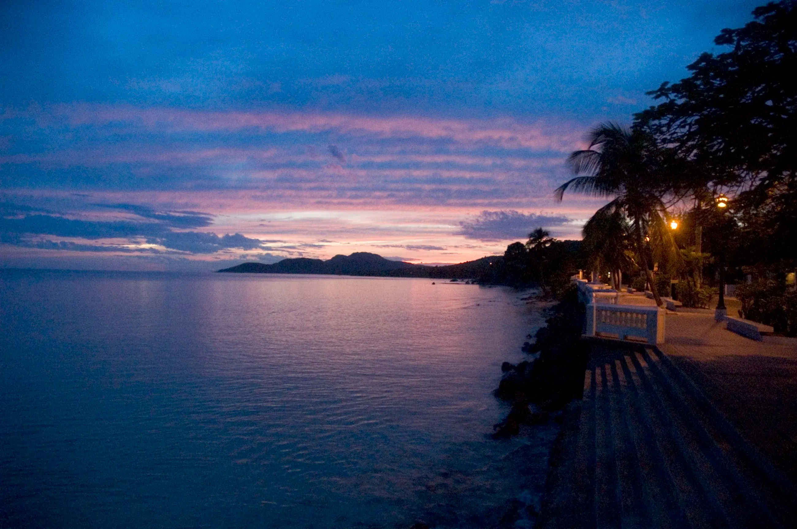 Dusk over the water at Esperanza, Vieques, with palms and lit lamps along the malecón